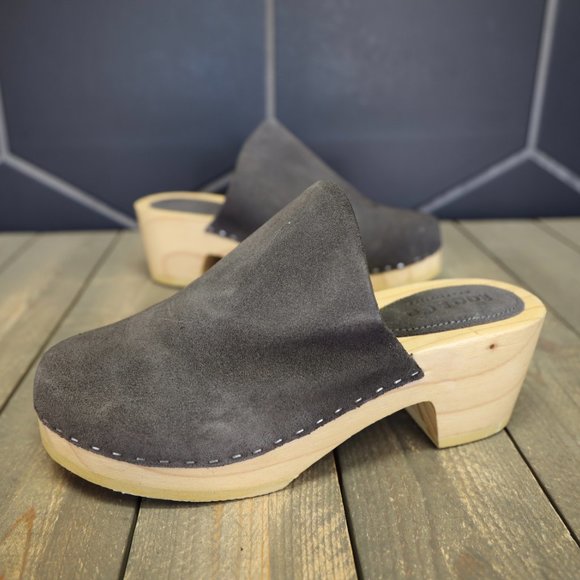 Rag & Co Shoes - Womens Rag & Co Darcie Grey Suede Wooden Clogs Handmade Mule Lotta Swedish Shoe